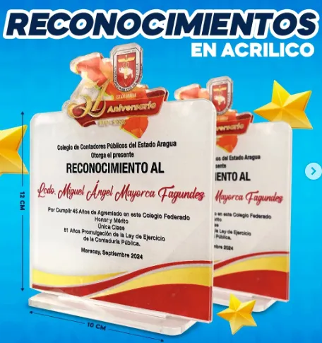 Trofeo o Reconocimiento Acrilico (Sublimado Transparente y Vinyl, 10 x 15)